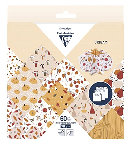 Clairefontaine 95379C - Packung Origami Papier mit 60 Blatt in 3 Formaten ( 10x10cm - 15x15cm - 20x20cm) 70g, Herbst, 1 Pack von Clairefontaine