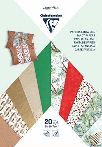 Clairefontaine 95630C Un bloc 20 fantaisies (10 papiers imprimés + 2 fles de Kraft, calque imprimé, doré, murier et Papier à Grain) A4, Noël végétal Multi-Papierblock, Pflanzliche Weihnachten von Clairefontaine