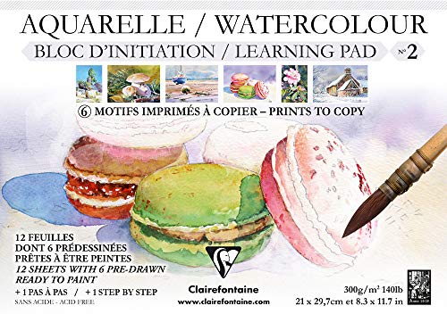 Clairefontaine 96099C Aquarellblock (mit Vordruck, verleimt, 12 Blätter, 300 g, DIN A4, 21 x 29,7 cm, 100% Zellulose, geeignet für Anfänger) weiß von Clairefontaine