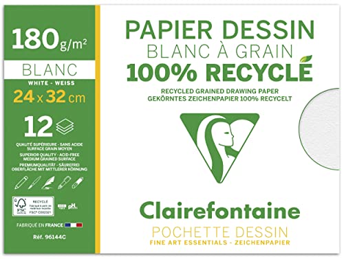 Clairefontaine 96144C - Mappe mit 12 Bögen gekörntes Zeichenpapier, 180g, 100% recyceltes Papier, DIN A4+, 24x32 cm, ideal für Kunstunterricht, 1 Mappe, Weiß von Clairefontaine