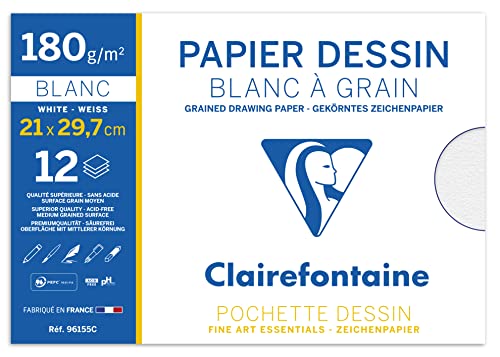 Clairefontaine 96155C Mappe Zeichenpapier (180 g, 21 x 29,7 cm, 12 Bögen, ideal für Kunstunterricht, geleimt) weiß von Clairefontaine