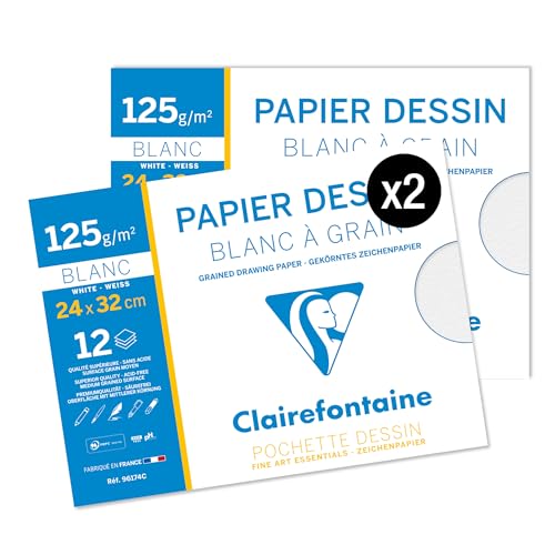 Clairefontaine 96174AMZC – Ein Set mit 2 Skizzenhüllen für die Schule – 12 Blatt Zeichenpapier weiß mit Körnung – 24 x 32 cm 125 g – ideal für Kunstwerke von Clairefontaine