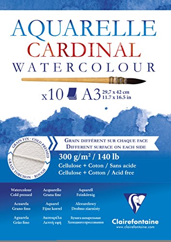 Clairefontaine 96184C Cardinal Aquarellblock (DIN A3, 29,7 x 42 cm, 300 g, kopseitig verleimt, 10 Blätter, 2 Körnungen, ideal für Anfänger) extraweiß von Clairefontaine