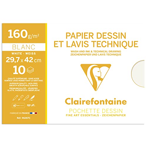 Clairefontaine 96287C Mappe Zeichenpapier (ideal für technische Zeichnungen, DIN A3, 29,7 x 42 cm, 10 Bögen, 160 g) weiß von Clairefontaine