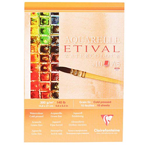 Clairefontaine 96304C Etival Matt Aquarellpapier Block (kopfseitig geleimt, 10 Blatt, DIN A5, 14,8 x 21 cm, feinkörnig, 100% Zellulose, 300 g) weiß von Clairefontaine