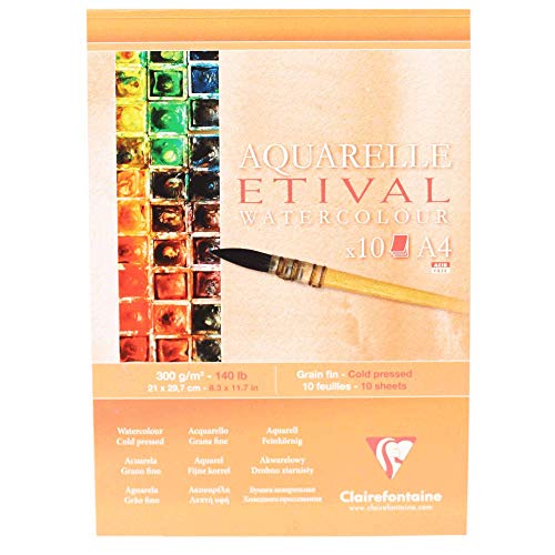 Clairefontaine 96305C Etival Matt Aquarellpapier Block (kopfseitig geleimt, 10 Blatt, DIN A4, 21 x 29,7 cm, feinkörnig, 100% Zellulose, 300 g) weiß von Clairefontaine