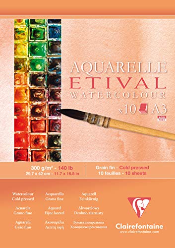 Clairefontaine 96306C Etival Matt Aquarellpapier Block (kopfseitig geleimt, 10 Blatt, DIN A3, 29,7 x 42 cm, feinkörnig, 100% Zellulose, 300 g) weiß von Clairefontaine