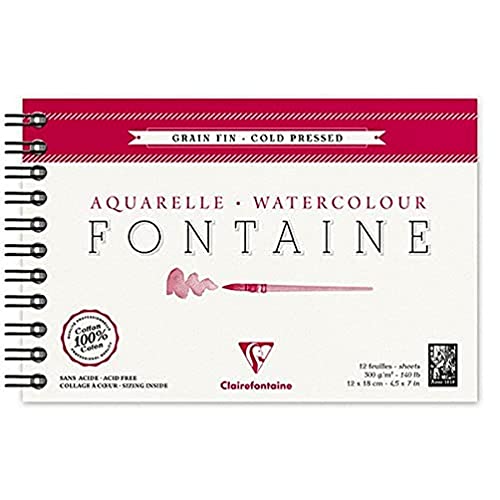 Clairefontaine 96312C Malblock, mit Doppelspirale Aquarellpapier Feinkörnig, Fontaine/Hadern, 12 x 18 cm, 12 Blatt, 300 g Packung, weiß von Clairefontaine