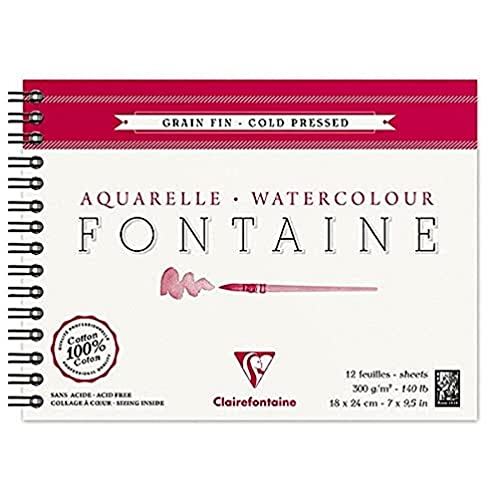 Clairefontaine 96313C Malblock, mit Doppelspirale Aquarellpapier Feinkörnig, Fontaine/Hadern, 18 x 24 cm, 12 Blatt, 300 g Packung, weiß von Clairefontaine