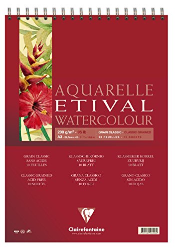 Clairefontaine 96376C Aquarellblock Etival (matt, 200g, für alle Nasstechniken geeignet, 1-seitig verleimt, 10 Blatt, DIN A2, 42 x 59,4 cm, ideal für Anfänger, säurefrei) weiß von Clairefontaine