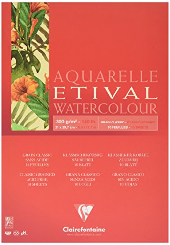 Clairefontaine 96391C Aquarellblock Etival (matt, 300g, für alle Nasstechniken geeignet, 1-seitig verleimt, 10 Blatt, DIN A4, 21 x 29,7 cm, ideal für Anfänger, säurefrei) weiß von Clairefontaine