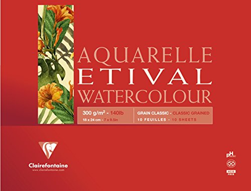 Clairefontaine 96395C Aquarellblock Etival (matt, 300g, für alle Nasstechniken geeignet, 4-seitig verleimt, 10 Blatt, 18 x 24 cm, ideal für Anfänger, säurefrei) weiß von Clairefontaine