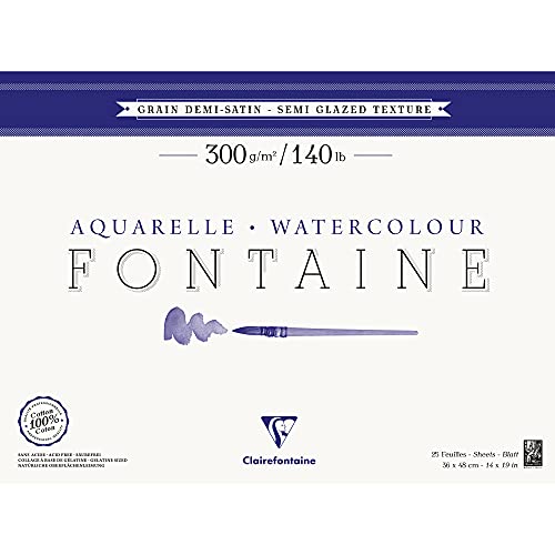 Clairefontaine 96408C Malblock, 4-seitig verleimt Aquarellpapier Halbsatiniert, Fontaine/Hadern, 36 x 48 cm, 25 Blatt, 300 g Packung, weiß von Clairefontaine