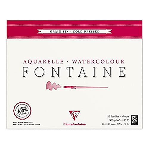 Clairefontaine 96414C Malblock, 4-seitig verleimt Aquarellpapier Feinkörnig, Fontaine/Hadern, 24 x 30 cm, 25 Blatt, 300 g Packung, weiß von Clairefontaine