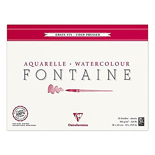 Clairefontaine 96415C Malblock, 4-seitig verleimt Aquarellpapier Feinkörnig, Fontaine/Hadern, 30 x 40 cm, 25 Blatt, 300 g Packung, weiß von Clairefontaine