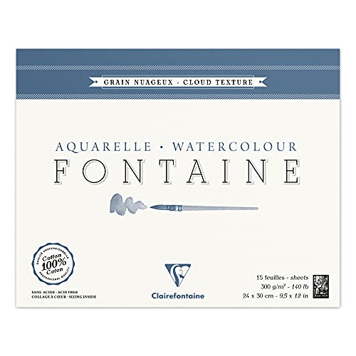 Clairefontaine 96421C Malblock, 4-seitig verleimt Aquarellpapier Torchon Wolke, Fontaine/Hadern, 24 x 30 cm, 15 Blatt, 300 g Packung, weiß von Clairefontaine