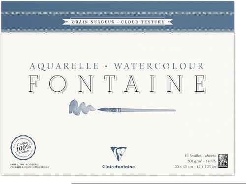 Clairefontaine 96422C Malblock, 4-seitig verleimt Aquarellpapier Torchon Wolke, Fontaine/Hadern, 30 x 40 cm, 15 Blatt, 300 g Packung, weiß von Clairefontaine