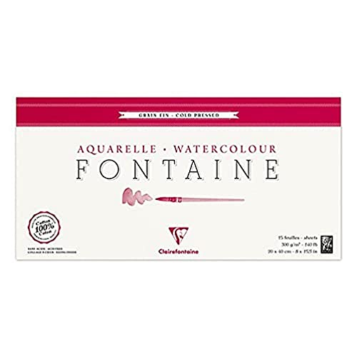 Clairefontaine 96437C Malblock, 4-seitig verleimt Aquarellpapier Feinkörnig, Fontaine/Hadern, 20 x 40 cm, Panorama-Format, 15 Blatt, 300 g Packung, weiß von Clairefontaine