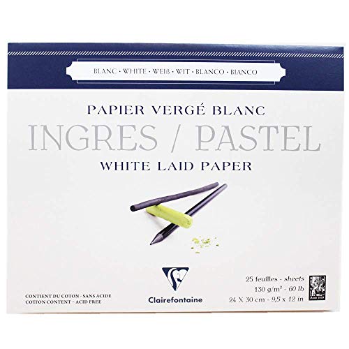 Clairefontaine 96482C Zeichenblock Ingres (kopfseitig geleimt, 24 x 30 cm, 25 Blatt, gekörnt, 130 g, ideal für Trockentechniken, Pastell) weiß von Clairefontaine