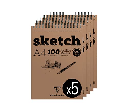 Clairefontaine 96604C - Packung mit 5 Skizzenblöcken mit Doppelspirale, SKETCH-Papier, DIN A4 21x29,79cm, weißes Zeichenpapier 100 Blatt, 90g, 1 Pack von Clairefontaine