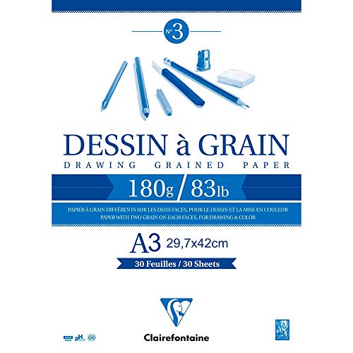 Clairefontaine 96622C Zeichenblock Kopfseitig Geleimt Dessin a Grain, Din A3 29 x 42 cm, 30 Blatt, 180 g, weiß von Clairefontaine