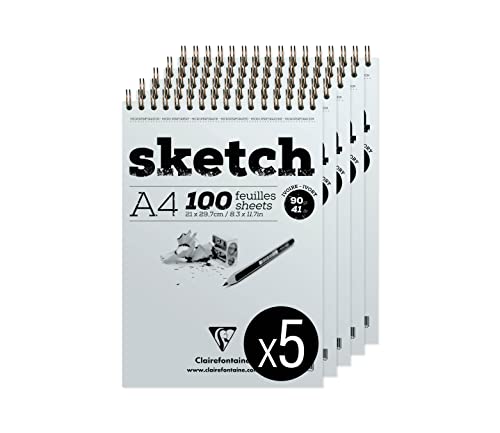 Clairefontaine 96644C - Packung mit 5 Skizzenblöcken mit Doppelspirale SKETCH-Papier, DIN A4 21x29,79cm, 100 Blatt Elfenbein, 90g, 1 Pack von Clairefontaine