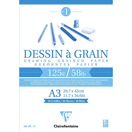 Clairefontaine 96682C Zeichenblock Kopfseitig Geleimt Dessin a Grain, Din A3, 29.7 x 42 cm, 40 Blatt, 125 g, weiß von Clairefontaine