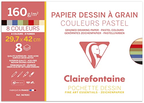 Clairefontaine 96769C - Mappe mit 8 Bogen Zeichenpapier, gekörnt, DIN A3, 160g, Pastell farbig sortiert, 1 Mappe von Clairefontaine