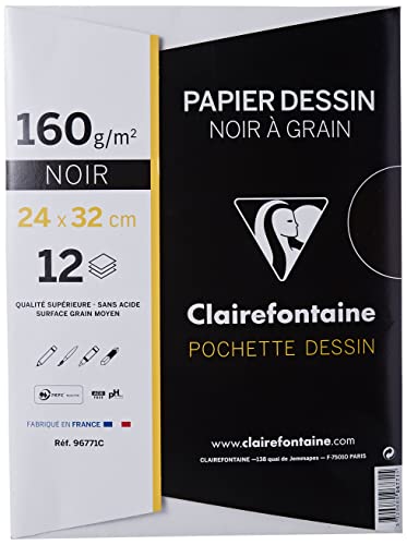 Clairefontaine 96771C Mappe Zeichenpapier (160 g, 24 x 32 cm, 12 Bögen, ideal für Kunstunterricht) schwarz von Clairefontaine