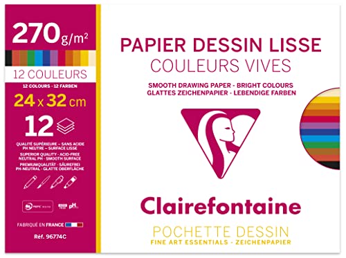 Clairefontaine 96774C Packung mit 12 Bögen glattes Zeichenpapier Maya, 270g, 24 x 32cm, 1 Pack, kräftige Farben Sortiert, Papier, 24 x 32 cm von Clairefontaine