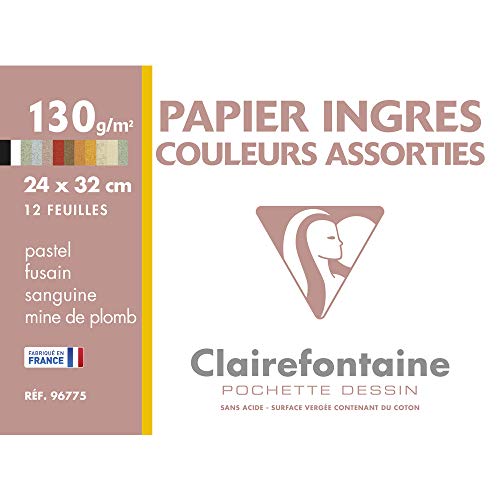 Clairefontaine 96775C Mappe Pastell Zeichenpapier (ideal für Kreide und Kohle, 130 g, 24 x 32 cm, 12 Bögen, intensive Farben) sortiert von Clairefontaine