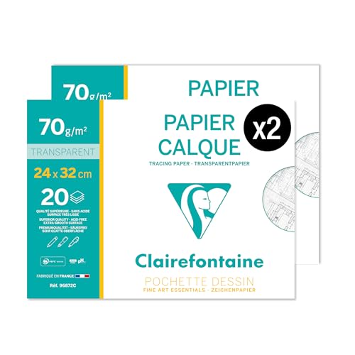 Clairefontaine 96872AMZC – Ein Set mit 2 Hüllen für Zeichnungen, 20 Blatt, hochtransparentes Transparentpapier, 24 x 32 cm, 70/75 g, ideal für technische Zeichnungen von Clairefontaine