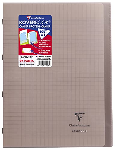 Clairefontaine 971407C - Schulheft / Heft Koverbook DIN A4 21x29,7cm, 48 Blatt 90g, französische Lineatur, Einband aus transparentem PP, 2 Klarsichthüllen + 1 Etikett, geheftet, Grau, 1 Stück von Clairefontaine