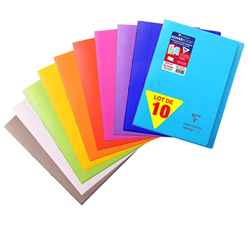 Clairefontaine 971501C - Packung mit 10 Schulheften / Heft Koverbook DIN A4 21x29,7cm, 48 Blatt 90g liniert mit Rand Einband aus transparentem PP 2 Klarsichthüllen + 1 Etikett, farbig sortiert, 1 Pack von Clairefontaine