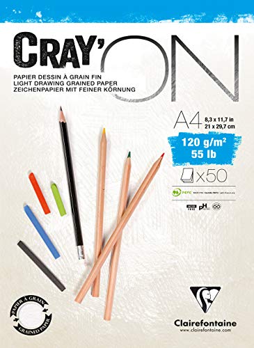 Clairefontaine 975020C Zeichenblock Cray’On (120 g, ideal für Trockentechniken, 50 Blatt, DIN A4, 21 x 29,7 cm, kopfseitig geleimt) extra weiß von Clairefontaine