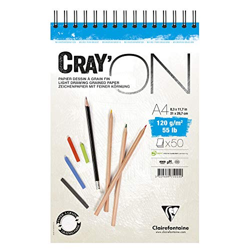 Clairefontaine 975024C Zeichenblock Cray’On (120 g, ideal für Trockentechnik, 50 Blatt, DIN A4, 21 x 29,7 cm, Spiralbindung, mikroperforiert) extra weiß von Clairefontaine