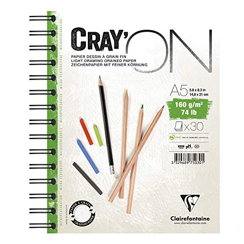 Clairefontaine 975030C Zeichenblock Cray’On (160 g, ideal für Trockentechnik, 30 Blatt, DIN A5, 14,8 x 21 cm, Spiralbindung, mikroperforiert) extra weiß von Clairefontaine