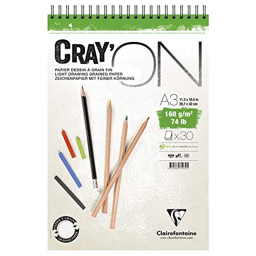 Clairefontaine 975032C Zeichenblock Cray’On (160 g, ideal für Trockentechnik, 30 Blatt, DIN A3, 29,7 x 42cm, Spiralbindung, mikroperforiert) extra weiß von Clairefontaine