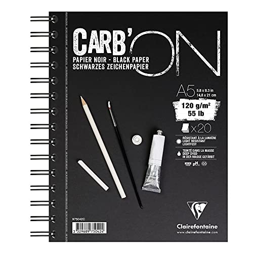 Clairefontaine 975042C Zeichenblock Carb´On (120 g, ideal für Trockentechniken, DIN A5 14,8 x 31 cm, Doppelspiralbindung, 20 Blatt) schwarz von Clairefontaine