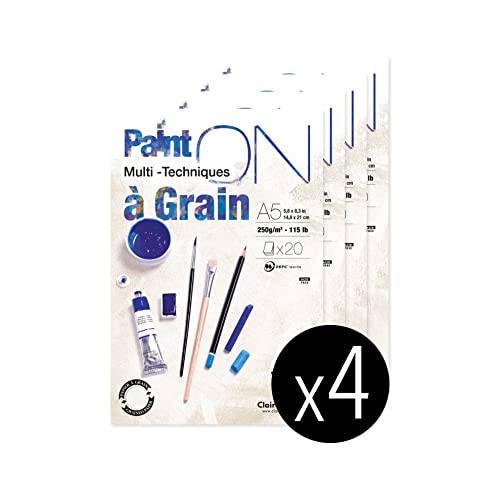 Clairefontaine 975048C - Packung mit 4 Blöcken Paint´ON à grain/gekörnt, DIN A5, kopfseitig geleimt, 20 Blatt, 250g, weiß, 1 Pack von Clairefontaine