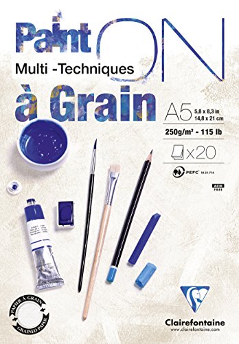 Clairefontaine 975048C - Zeichenblock / Skizzenheft PaintON à grain/gekörnt, DIN A5 14,8x21 cm, kopfseitig geleimt, 20 Blatt, 250g, 100% Zellulose, ideal für Mixmedia, Weiß, 1 Stück. von Clairefontaine