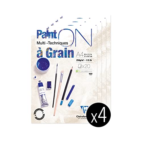 Clairefontaine 975049C - Packung mit 4 Blöcken Paint´ON à grain/gekörnt, DIN A4, kopfseitig geleimt, 20 Blatt, 250g, weiß, 1 Pack von Clairefontaine