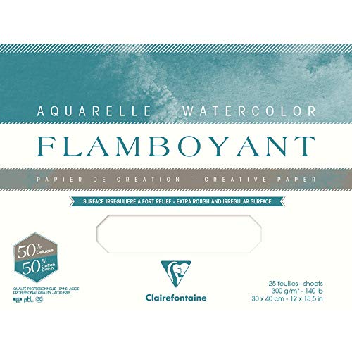 Clairefontaine 975061C Flamboyant Aquarellpapier Packung (mit 3 Bögen, 56 x 76 cm, 300 g, mit zerfransten Rand, mit starker Struktur, ideal für spezielle Effekte, extraweiß von Clairefontaine