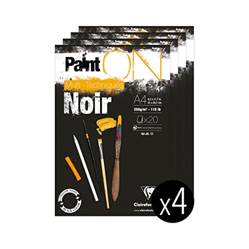 Clairefontaine 975169C - Packung mit 4 Blöcken Paint´ON Noir, DIN A4, kopfseitig geleimt, 20 Blatt, 250g, schwarz, 1 Pack von Clairefontaine