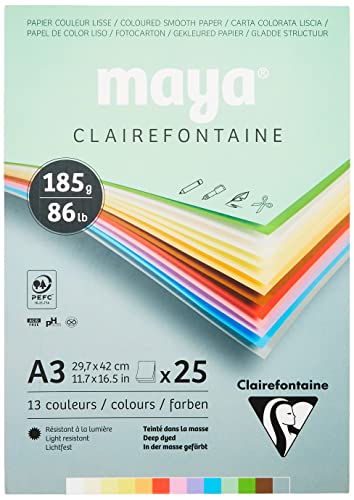 Clairefontaine 975335C - Malblock verleimt mit 25 Blatt Maya Zeichenpapier, glatt 29,7x42 cm 185g, Pastell farbig sortiert (12 Farben + 1 weiß ) von Clairefontaine