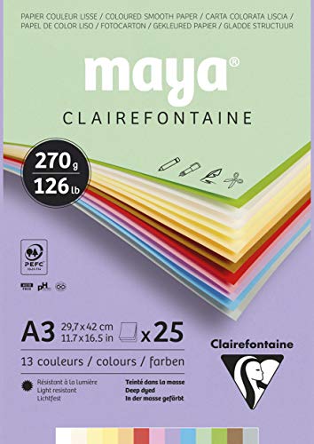 Clairefontaine 975337C - Malblock verleimt mit 25 Blatt Maya Zeichenpapier, glatt 29,7x42 cm 270g, Pastell farbig sortiert (12 Farben + 1 weiß ) von Clairefontaine