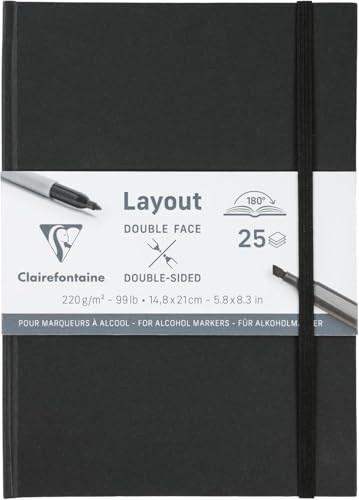 Clairefontaine 975342C - Doppelseitiges Layout-Skizzenbuch, 25 Blatt DIN A5 220g, für Alkoholmarker, Tusche und Line-Art konzipiert, Schwarz, 1 Stück von Clairefontaine