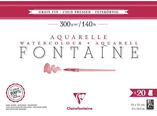 Clairefontaine 975500C - Aquarellblock Fontaine feinkörnig, 20 Blatt, 23x31cm, 300g, geleimt, ideal für Nasstechniken, 1 Block von Clairefontaine