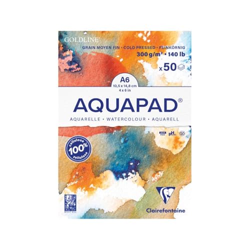 Clairefontaine 975620C Goldline Aquapad – 50 Blatt Aquarellpapier, mittlere Körnung, A6, 10,5 x 14,8 cm, 300 g, Weiß, 50 Blatt von Clairefontaine