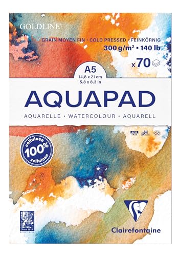 Clairefontaine 975720C - Aquarell Malblock Goldline, 70 Blatt, 300g Zeichenpapier, mittelfein gekörnt, DIN A5, 14,8x21 cm, 1 Stück von Clairefontaine